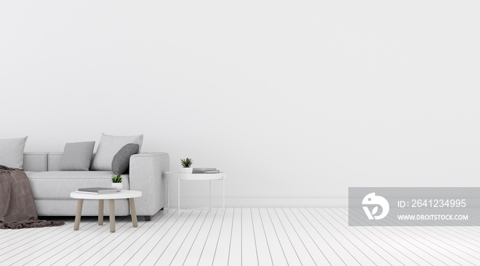 View of white living room in minimal style with sofa and small side table on laminate floor.Perspect