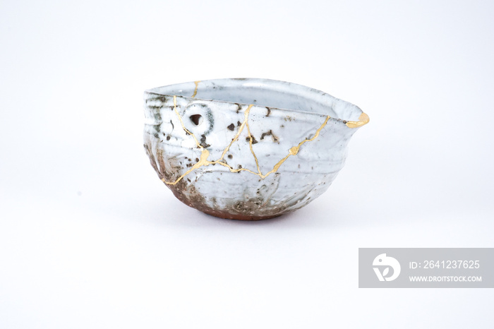 古董Kintsugi，日本wabi sabi白色传统茶壶，金裂纹Kintsugii，Kintsukuroi Jap