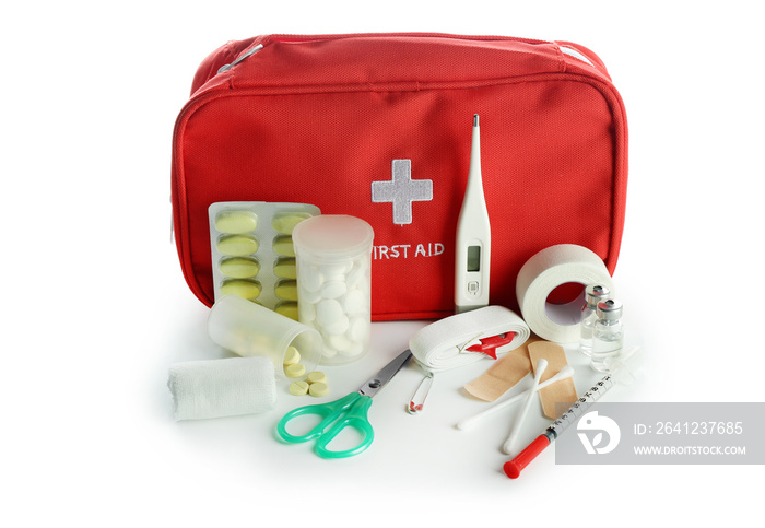 First aid kit on white background