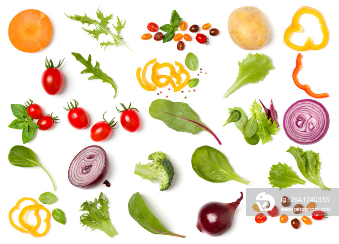 由各种蔬菜和沙拉叶制成的创意布局。平面布置，俯视图。蔬菜隔离