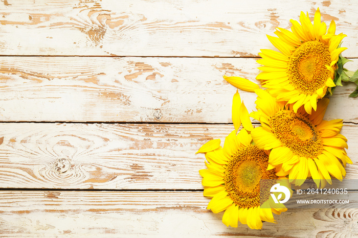 Beautiful sunflowers on wooden background