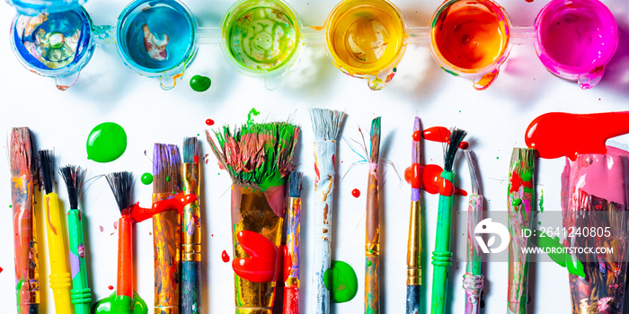 Row Of Messy Colorful Paint Brushes And Containers On Isolated White Background - Creativity Concept