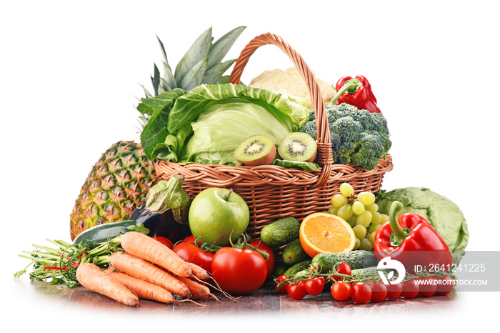 Assorted raw organic vegetables and fruits