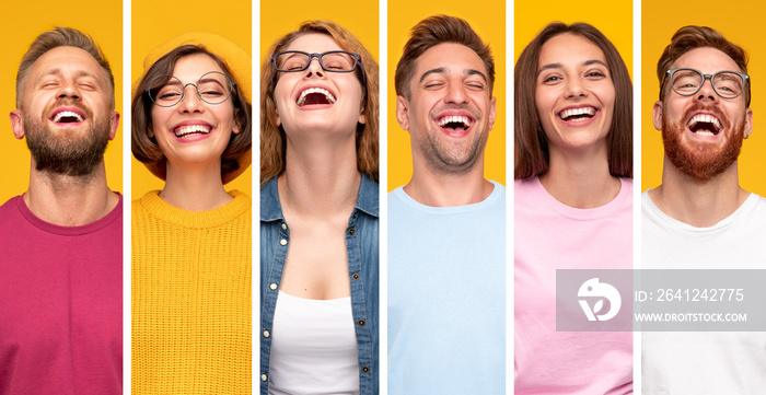 Group of laughing young people in casual outfits