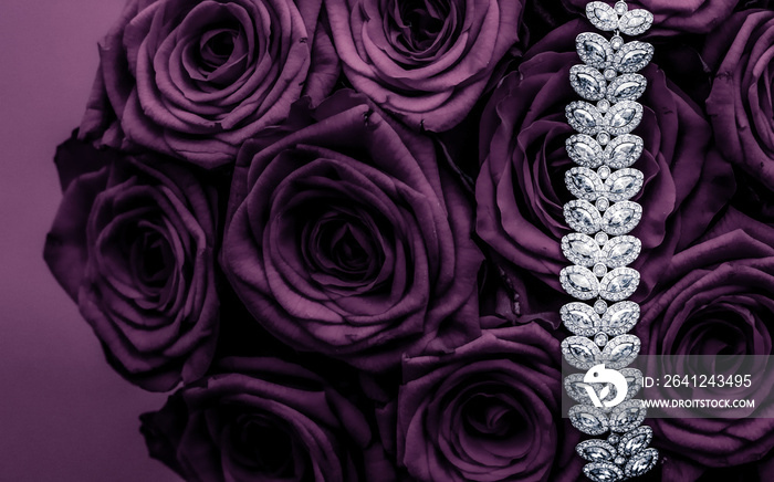 Luxury diamond jewelry bracelet and purple roses flowers, love gift on Valentines Day and jewellery 