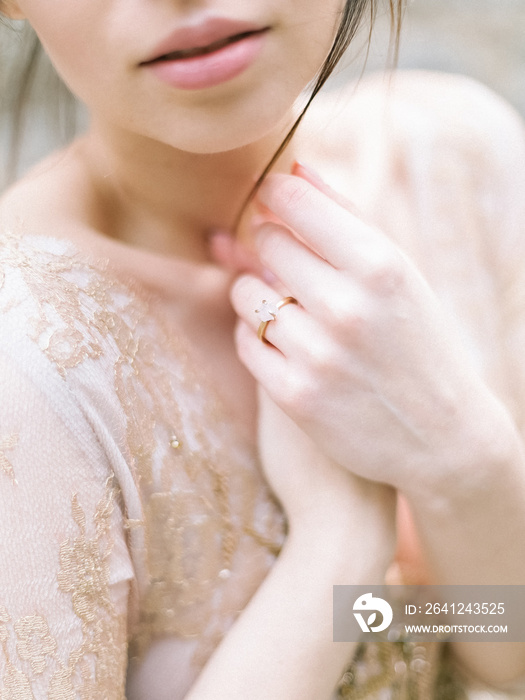 Beautiful Bride Portrait wedding makeup hairstyle. Tender wedding stylish hairstyle with accessories