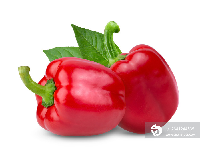 red pepper with leaf isolated on white background. full depth of field