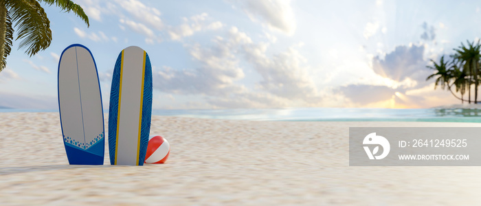 3D rendering, summer beach concept, beautiful beach with two surfboards on the sand