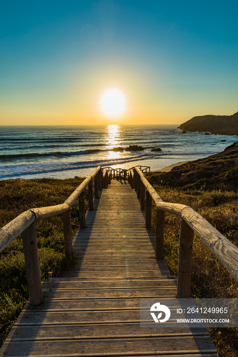 Wooden path on the beach of a natural park in Portugal