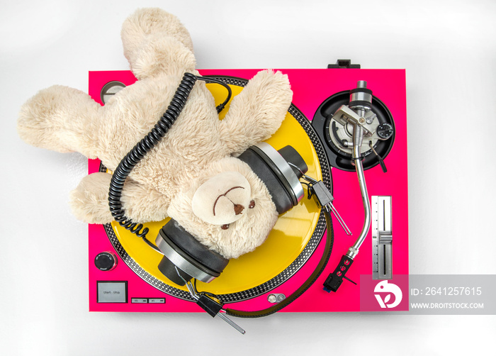 a dj teddy bear lying on turntables