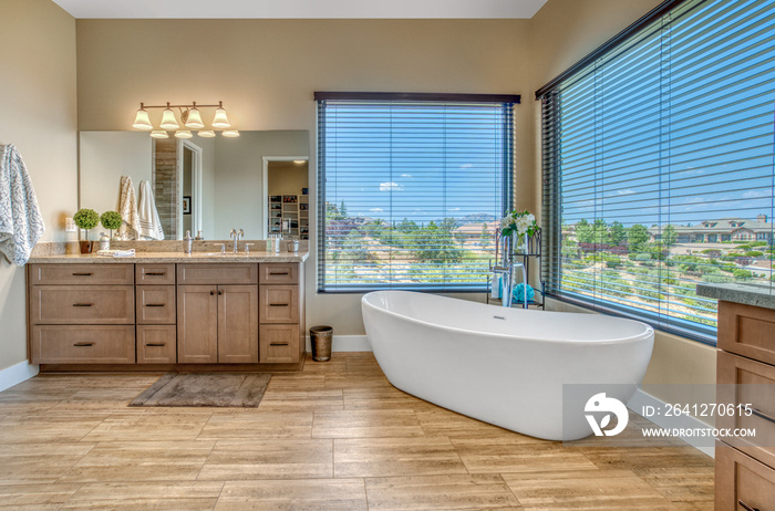 master bathroom with a tub and big windows