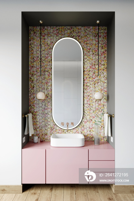 现代浴室的内部，墙上有粉色和金色的六边形马赛克。3d渲染