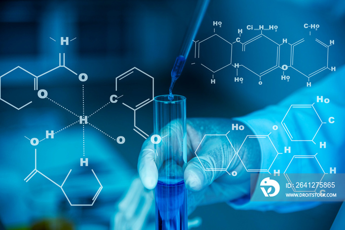 科学家正在准备含有大量化学和化学结构物质的试管