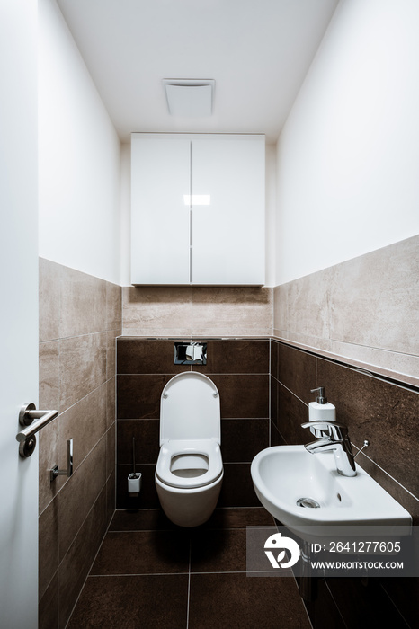 Small toilet of the city apartment with all furnishings, including a small sink, cabinet and ceiling