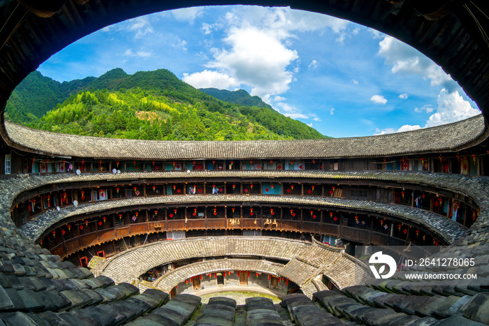 aerial view of fujian tulou (hakka roundhouse) via fisheye lens