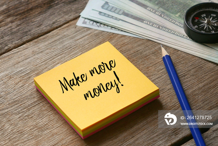 使用Make Money Online书写的铅笔、指南针、美元纸币和黄色便签的选择性焦点