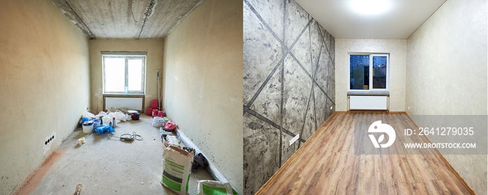 Room modernization, old messy flat vs new empty rebuilt one with wood laminate, beige and grey wallp