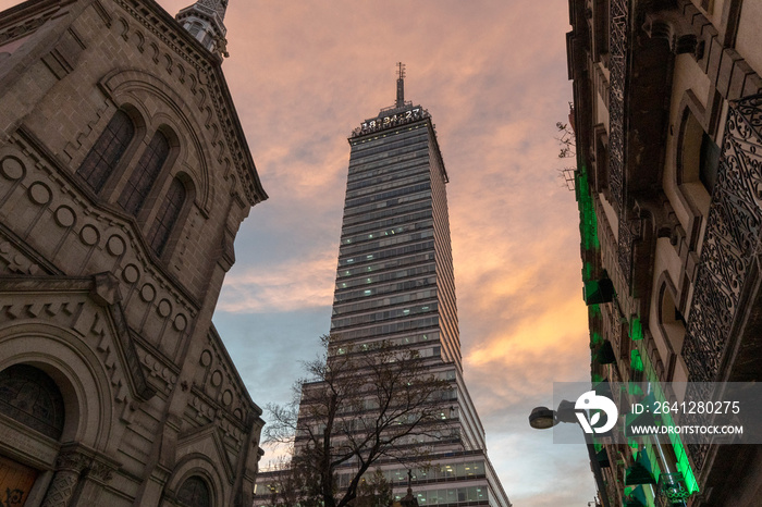 latin american tower mexico city at sunset