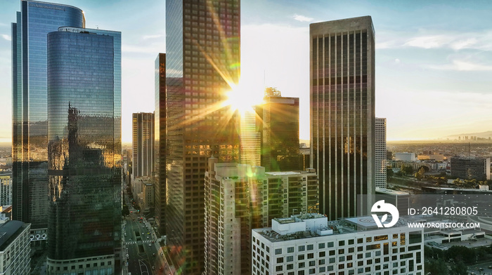 Los Angels city center, sunset. Los angeles aerial view, with drone. Los Angeles downtown skyline. L