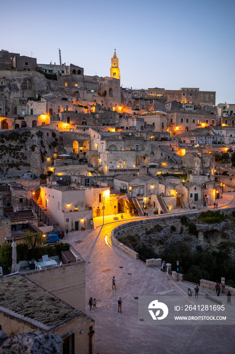 Night landscape of the Sassi of Matera a historic district iin the city of Matera well-known for the
