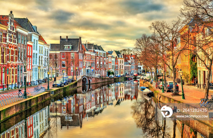 Traditional houses beside a canal in Leiden, the Netherlands