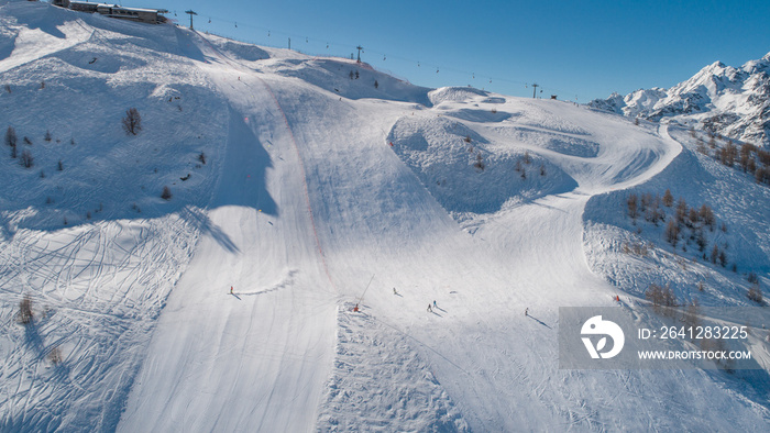 Ski slopes in a ski station, aerial view