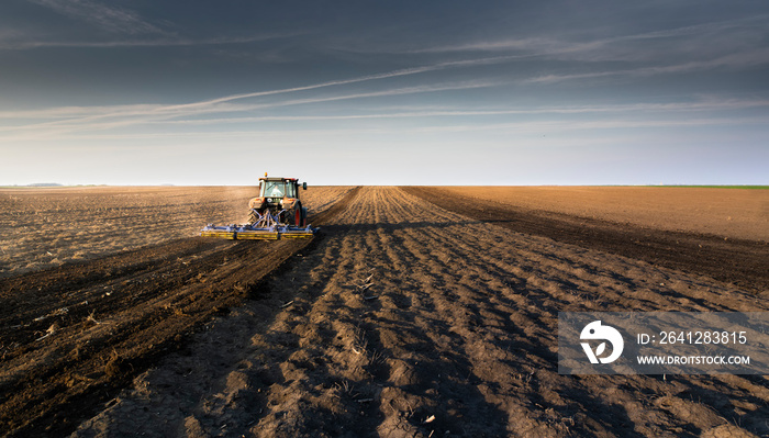 Tractor is preparing the land at dusk