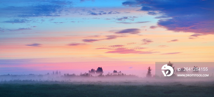 Colorful sunrise at the field with morning fog