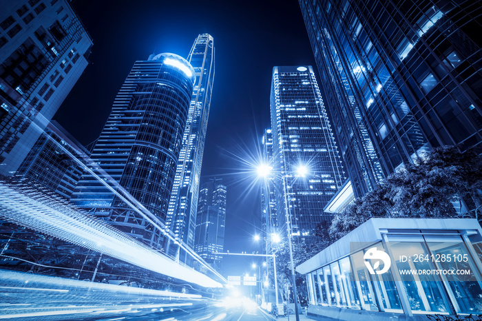 Urban Nightscape Architecture Street and Fuzzy Car Lights..