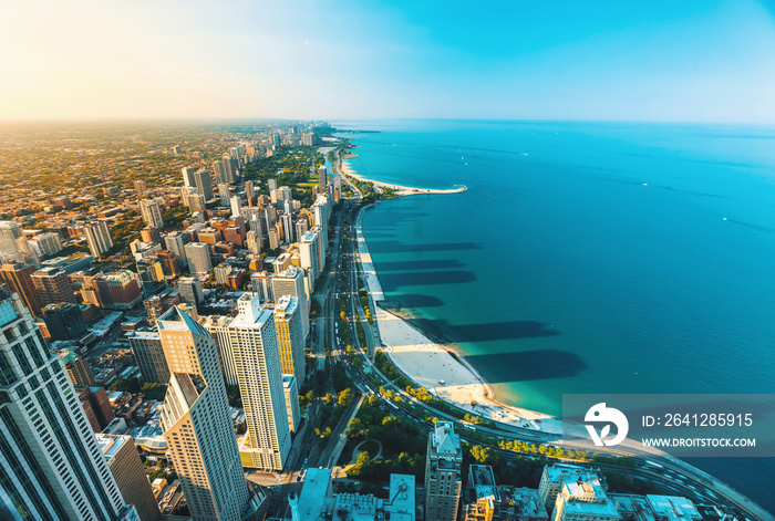 Chicago cityscape with a view of Lake Michigan from above