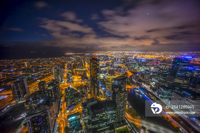 Aerial view of dramatic sunset at Melbourne city skyline