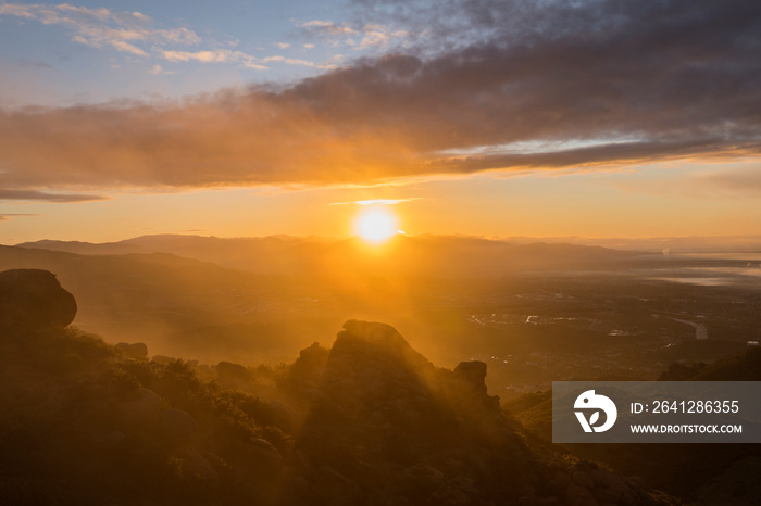 Foggy sunrise view of Chatsworth and Los Angeles from Rocky Peak Park in Ventura County, California,