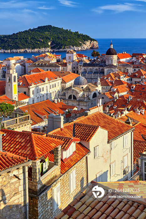 Panorama Dubrovnik Old Town roofs at sunset. Europe, Croatia