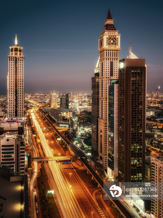 Beautiful rooftop view of Sheikh Zayed Road and skyscrapers in Dubai, United Arab Emirates