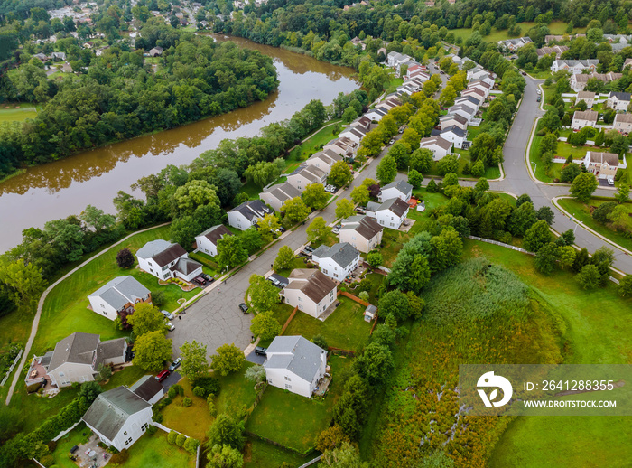 Scenic seasonal landscape from above aerial view of a small town in countryside Cleveland Ohio US