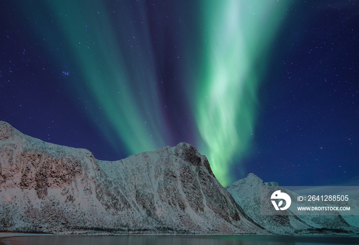 挪威的北极光。高山上方的绿色北极光。夜晚的冬季景色中有极光