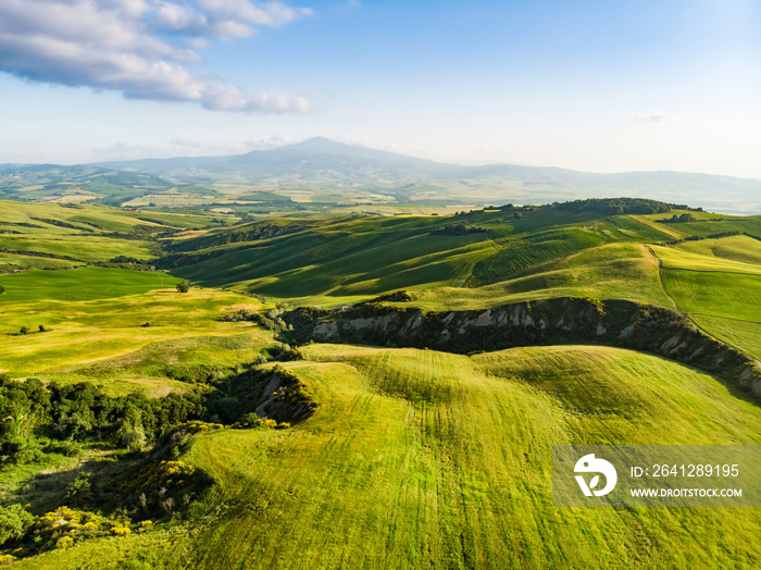 Stunning aerial view of green fields and farmlands with small villages on the horizon. Rural landsca