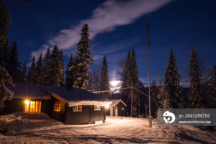 雪域林地中的斯堪的纳维亚森林小屋。挪威的冬天。
