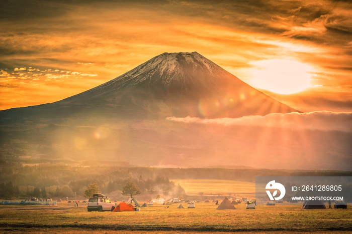 Mt. Fuji with Fumotopara camping ground at sunrise in Fujinomiya, Japan.