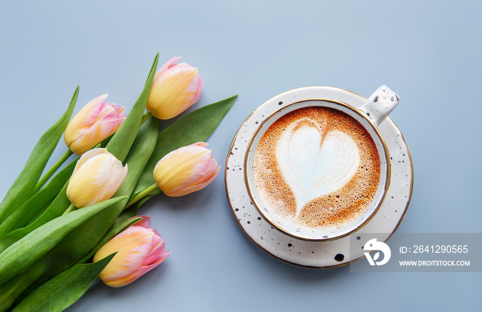 Spring tulips and cup of coffee