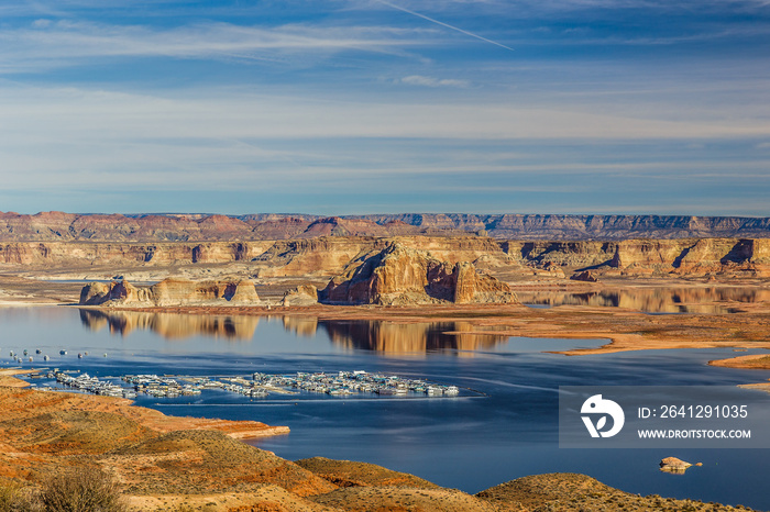 Wahweap marina located at the southern end of Lake Powell in Arizona, seen from the Wahweap Overlook