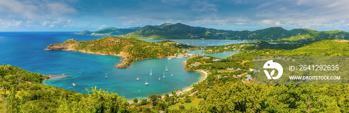 A panorama view from Shirley Heights viewpoint towards English Harbour on the coast of Antigua