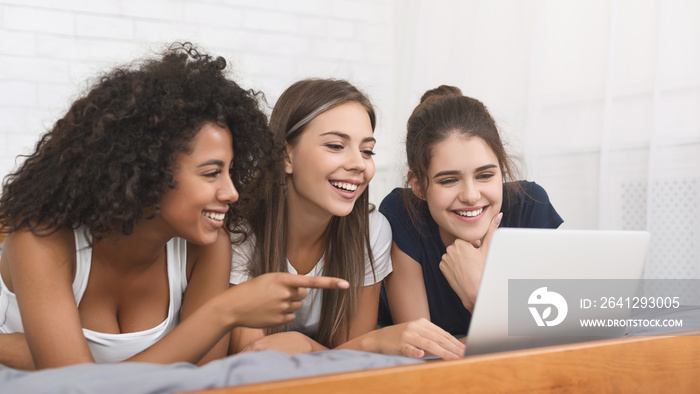 Relaxed female friends using laptop in bed