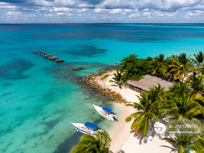 Aerial drone view of the paradise beach with old broken pier, boats, palm trees and blue water of Ca