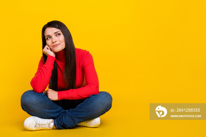 Full size portrait of pretty positive lady arm on cheek look interested empty space isolated on yell