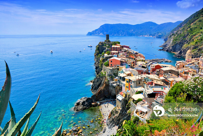 Beautiful Cinque Terre village of Vernazza, Italy. Aerial view overlooking the town and the blue sea