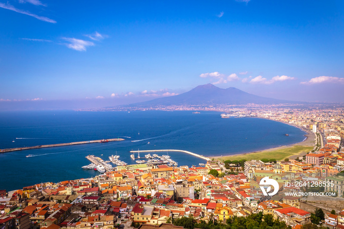 Landscape view of beautiful green mountains and Mount Vesuvius and the Bay of Naples from Mount Fait