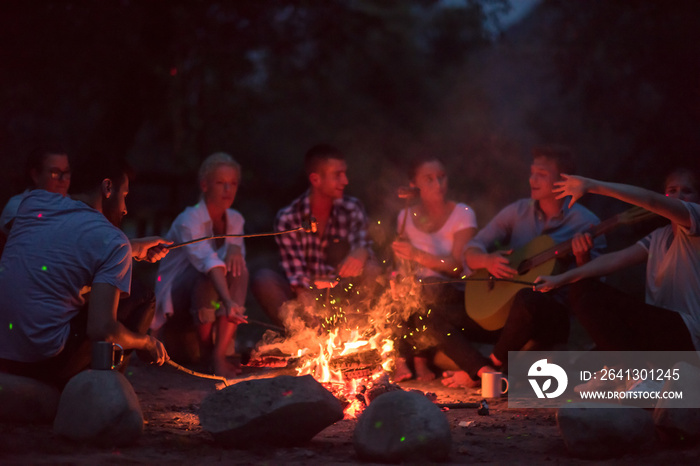 young friends relaxing around campfire