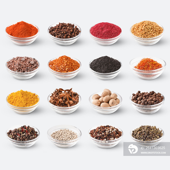 Collection of different spices on white background