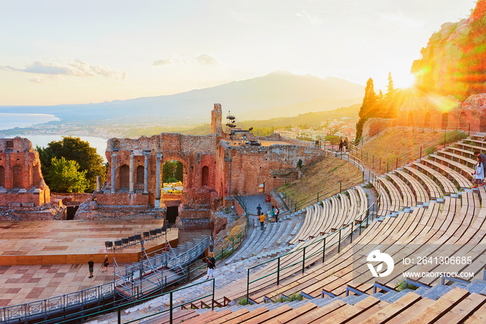 Sunset at Greek theater of Taormina Sicily